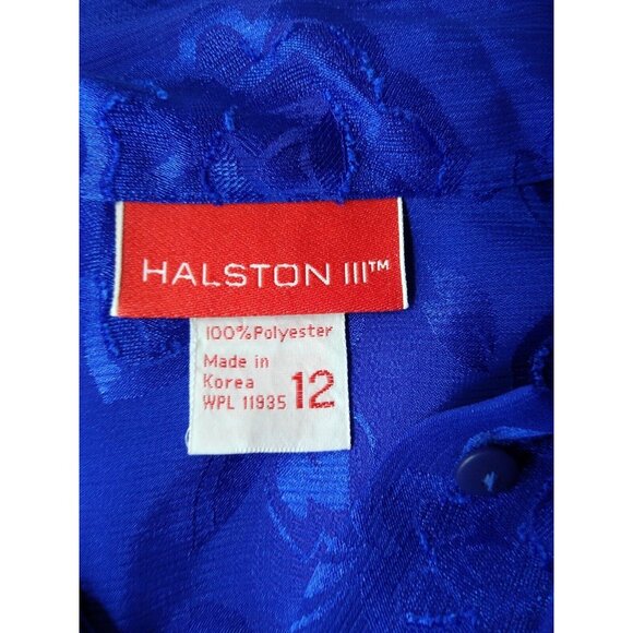 Vtg Halston III Womens 12 Blouse Secretary Bow Neck Blue Floral Semi Sheer - Picture 7 of 13